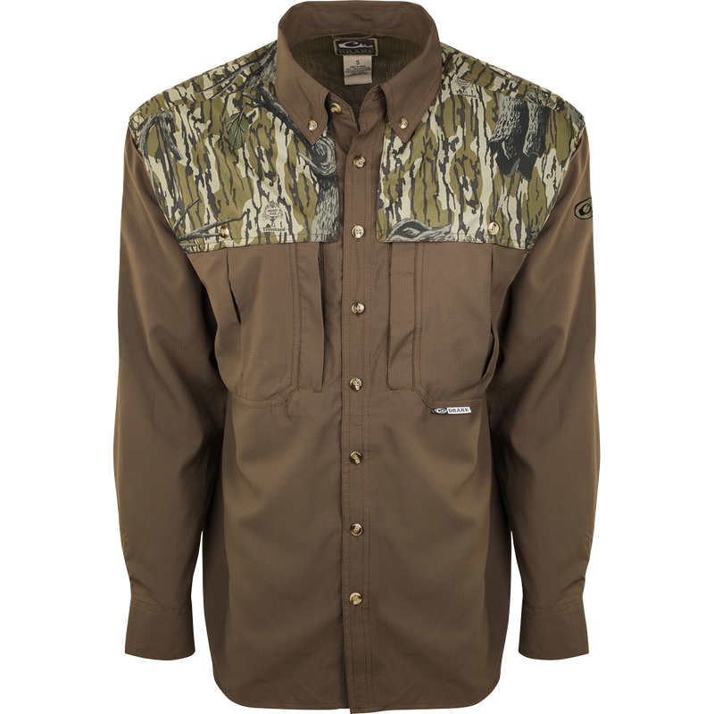 EST Two-Tone Camo Flyweight Wingshooter's Shirt L/S, featuring a camouflage design, collar, buttons, and sleeves, ideal for early-season hunting with breathable, quick-drying fabric.