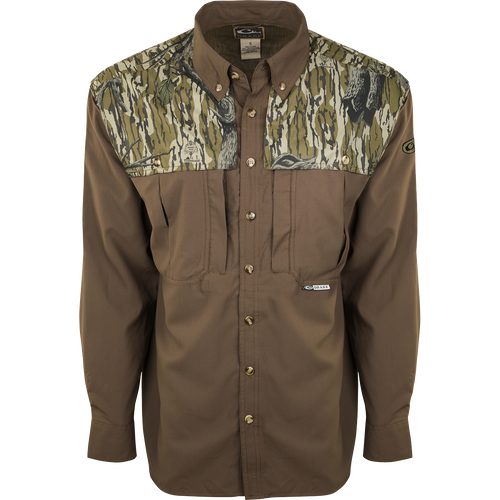 EST Two-Tone Camo Flyweight Wingshooter's Shirt L/S, featuring a camouflage design, collar, buttons, and sleeves, ideal for early-season hunting with breathable, quick-drying fabric.