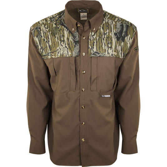 EST Two-Tone Camo Flyweight Wingshooter's Shirt L/S, featuring a camouflage design, collar, buttons, and sleeves, ideal for early-season hunting with breathable, quick-drying fabric.