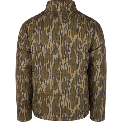 Back view of an LST Insulated Waxed Cotton Jacket, a quilted Thinsulate insulated jacket featuring a brown and green tree-bark camouflage pattern.