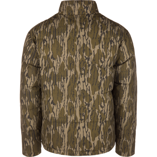Back view of an LST Insulated Waxed Cotton Jacket, a quilted Thinsulate insulated jacket featuring a brown and green tree-bark camouflage pattern.