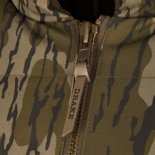 Close-up of a camo-patterned LST Insulated Waxed Cotton Jacket featuring a metal zipper and a tan pull tab with text.