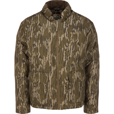 Waterfowl LST Insulated Waxed Cotton Jacket in Mossy Oak Original Bottomland camouflage featuring a zip front and two large patch pockets.