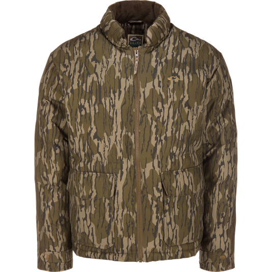 Waterfowl LST Insulated Waxed Cotton Jacket in Mossy Oak Original Bottomland camouflage featuring a zip front and two large patch pockets.