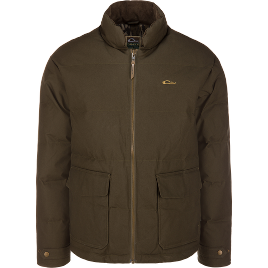 Olive green LST Insulated Waxed Cotton Jacket in waxed cotton with a high collar, full-length front zipper, and two large front patch pockets.