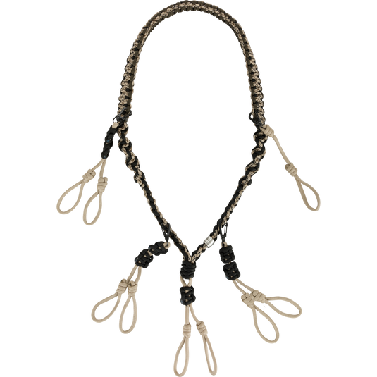 Caller's Lanyard: A fashion accessory necklace with a black and tan rope. Crafted from soft, comfortable Polypropylene braided cord. Features a wide collar for comfortable wear and customizable call organization with multiple double-loop connections. Perfect for hunting and outdoor activities.