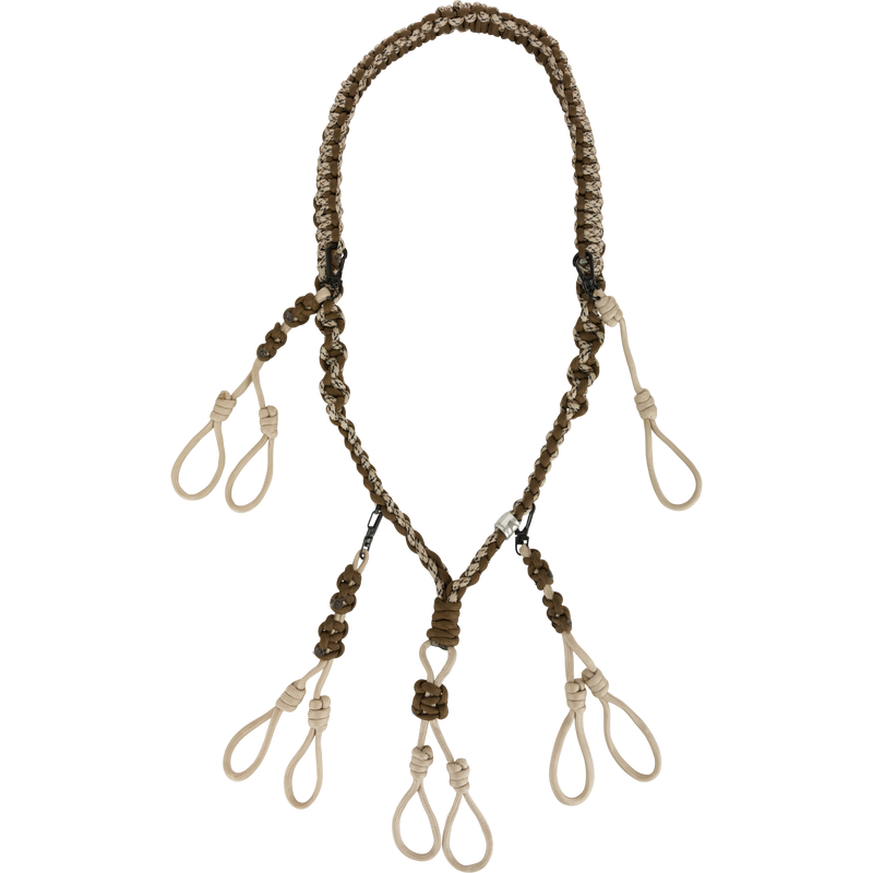 Caller's Lanyard: A fashion accessory necklace made of soft, braided cord with multiple knot connections for customizable call organization.