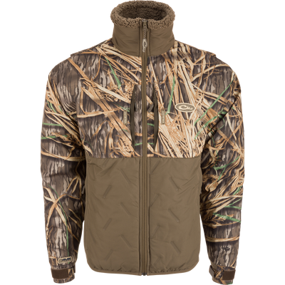 LST Guardian Flex Double Down Eqwader Full Zip Jacket with camouflage pattern, featuring waterproof upper, breathable fabric, and abrasion-resistant matte finish, ideal for outdoor conditions.