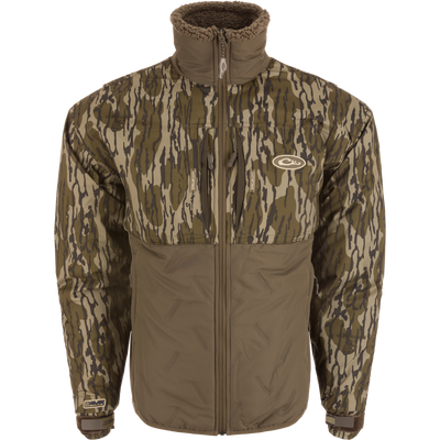 LST Guardian Flex Double Down Eqwader Full Zip Jacket with camouflage pattern, featuring waterproof upper body and abrasion-resistant lower body, designed for outdoor durability.