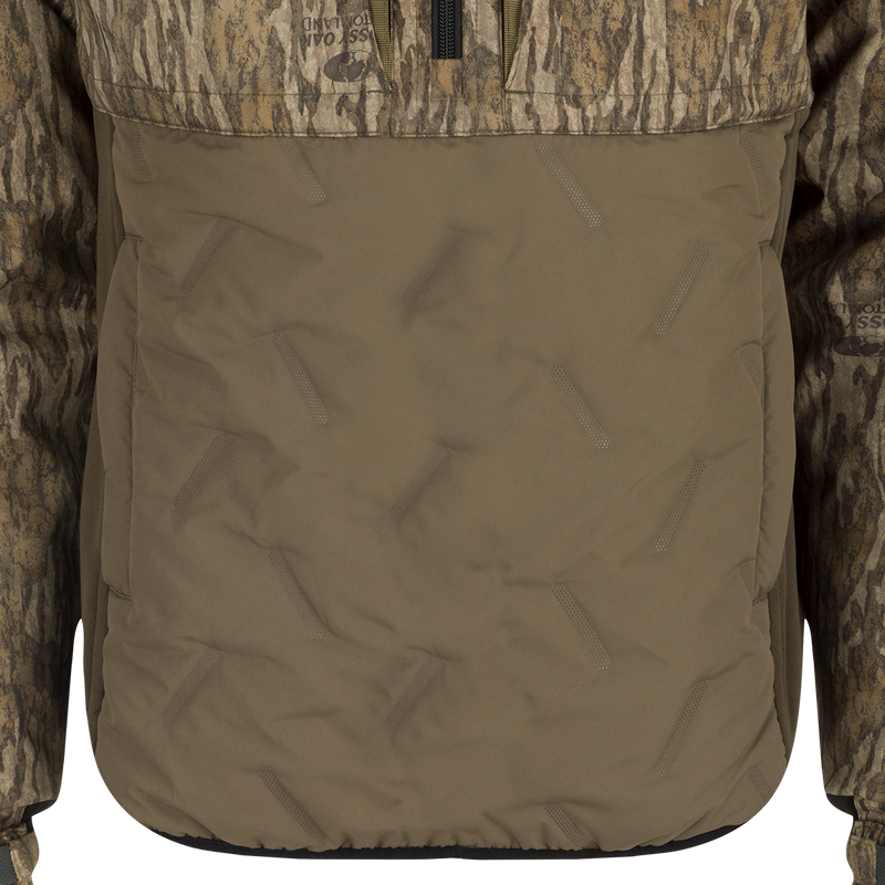 Women's LST Guardian Flex Double Down Eqwader 1/4 Zip Jacket: A close-up of a waterproof/windproof jacket with a zipper and multiple chest pockets.