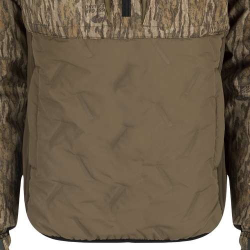 Women's LST Guardian Flex Double Down Eqwader 1/4 Zip Jacket: A close-up of a waterproof/windproof jacket with a zipper and multiple chest pockets.