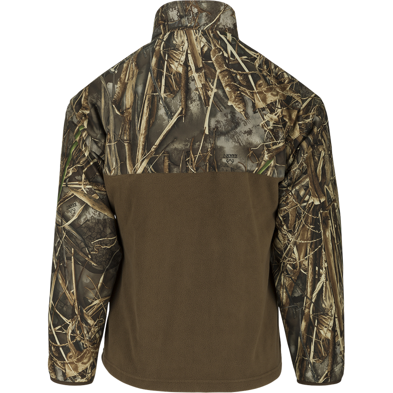 A camouflage-patterned MST 1/4 Zip Refuge Eqwader Pullover by Drake Waterfowl, featuring waterproof Refuge HS™ fabric and innovative design for ultimate comfort and performance in waterfowl hunting.