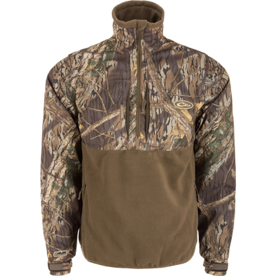 MST Guardian Flex Fleece Eqwader Quarter Zip Jacket with camouflage pattern, Guardian Flex fabric on upper body, fleece lower body, and multiple zippered pockets for outdoor activities.