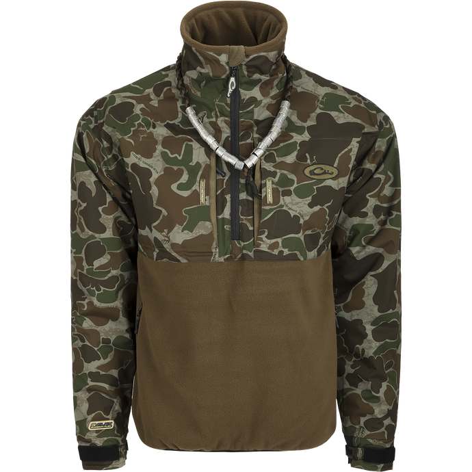 MST Guardian Eqwader Flex Fleece 1/4 Zip Jacket - Old School Green: A waterproof shell jacket with fleece lower body for breathability. Features elbow and forearm protection, multiple pockets, and an adjustable cuff closure.
