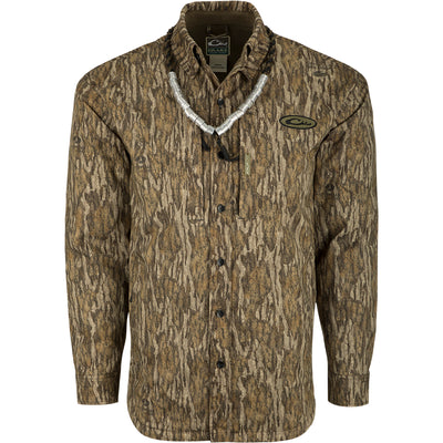 MST Fleece-Lined Guardian Flex Jac-Shirt: A long sleeved shirt with a tree pattern, perfect for fluctuating weather conditions. Features include waterproof/windproof/breathable fabric, fleece-lined body, and quilted sleeves. Plenty of pocket storage for calls and essentials.