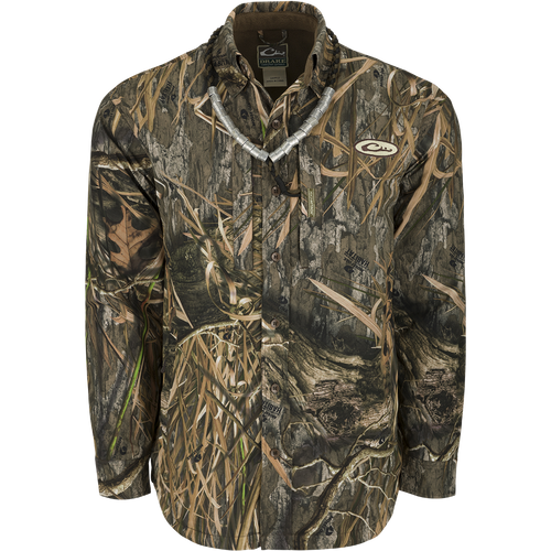 MST Fleece-Lined Guardian Flex Jac-Shirt: A camouflaged long-sleeved shirt with a logo, close-ups of the fabric, and jacket details. Ideal for hunting.