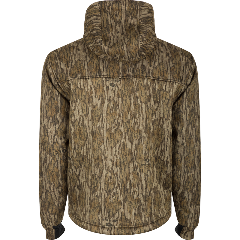 MST Hole Shot Hooded Windproof Eqwader Full Zip Jacket - A jacket with a hood and tree pattern, perfect for cold weather hunts. Windproof upper body and hood, sherpa-lined bonded breathable lower body for warmth. High handwarmer and zippered slash pockets for storage. Adjustable waist and hood for quick adjustments.