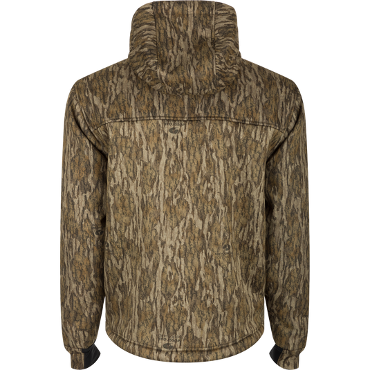 MST Hole Shot Hooded Windproof Eqwader Full Zip Jacket - A jacket with a hood and tree pattern, perfect for cold weather hunts. Windproof upper body and hood, sherpa-lined bonded breathable lower body for warmth. High handwarmer and zippered slash pockets for storage. Adjustable waist and hood for quick adjustments.