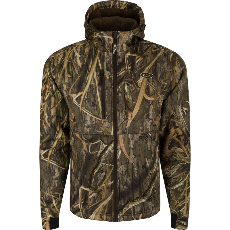 MST Hole Shot Hooded Windproof Eqwader Full Zip Jacket: A camouflage jacket with 3-layer upper body and hood for wind protection, and a sherpa-lined breathable lower body for warmth.