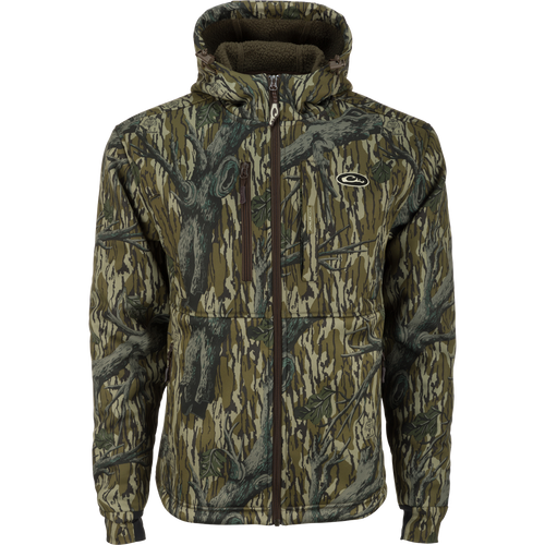 A windproof camouflage jacket with a sherpa-lined lower body for cold weather hunts. Features high handwarmer pockets and adjustable waist/hood.