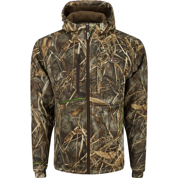 MST Hole Shot Hooded Windproof Eqwader Full Zip Jacket: A camouflage jacket with a sherpa-lined, windproof upper body and hood. Features high handwarmer pockets and adjustable waist and hood for quick adjustments.