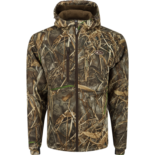 MST Hole Shot Hooded Windproof Eqwader Full Zip Jacket: A camouflage jacket with a sherpa-lined, windproof upper body and hood. Features high handwarmer pockets and adjustable waist and hood for quick adjustments.