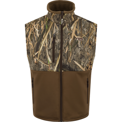 MST Hole Shot Two-Tone Eqwader Vest with windproof upper and sherpa-lined lower, featuring handwarmer pockets and adjustable waist, ideal for mid-to-late season hunting.