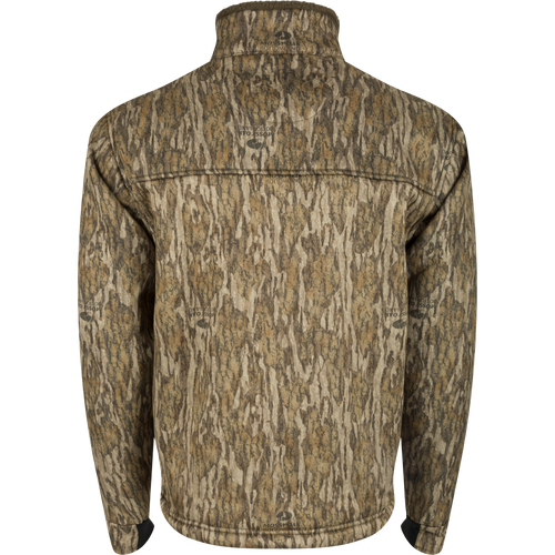 MST Hole Shot Windproof Eqwader 1/4 Zip Jacket - Realtree: A jacket with a logo and camouflage fabric, featuring high handwarmer pockets and adjustable waist.