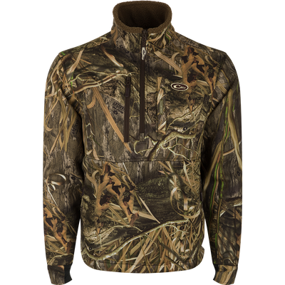 MST Hole Shot Windproof Eqwader 1/4 Zip Jacket: Sherpa-lined, windproof upper body for protection. Breathable lower body for comfort. High handwarmer pockets, adjustable waist, and cord locks for quick adjustments.