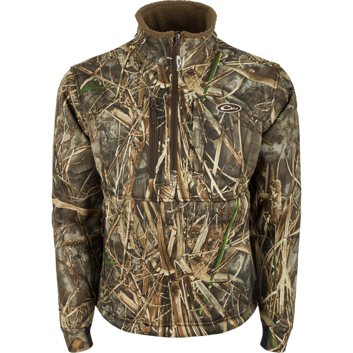 MST Hole Shot Windproof Eqwader 1/4 Zip Jacket - Realtree: A camouflage jacket with windproof upper body and breathable lower body. Ideal for any outdoorsman.