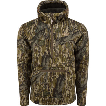 Ultimate Wader Quarter Zip Hoodie with high hand-warmer pockets, vertical chest pockets, and adjustable waist, designed for superior warmth and comfort in outdoor activities.