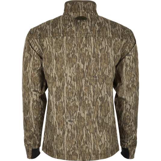 MST Windproof Softshell Jacket - Realtree: A jacket with a tree pattern, featuring a windproof membrane, adjustable drawcord waist, and multiple zippered pockets for secure storage. Stay warm and dry in all weather with this high-quality hunting gear from Drake Waterfowl.