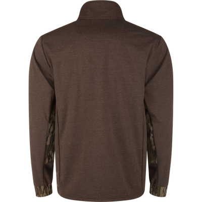 Back view of the MST Heritage Hybrid Windproof Jacket in heathered brown, featuring a stand-up collar and camouflage print sleeves, highlighting its rugged and functional design.