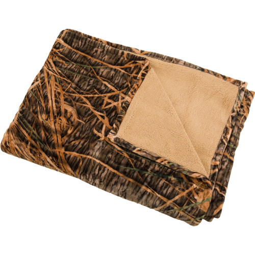Camo Fleece Blanket with Old School Camo print and tan sherpa lining, offering warmth and lightweight comfort, ideal for outdoor adventures or home use.