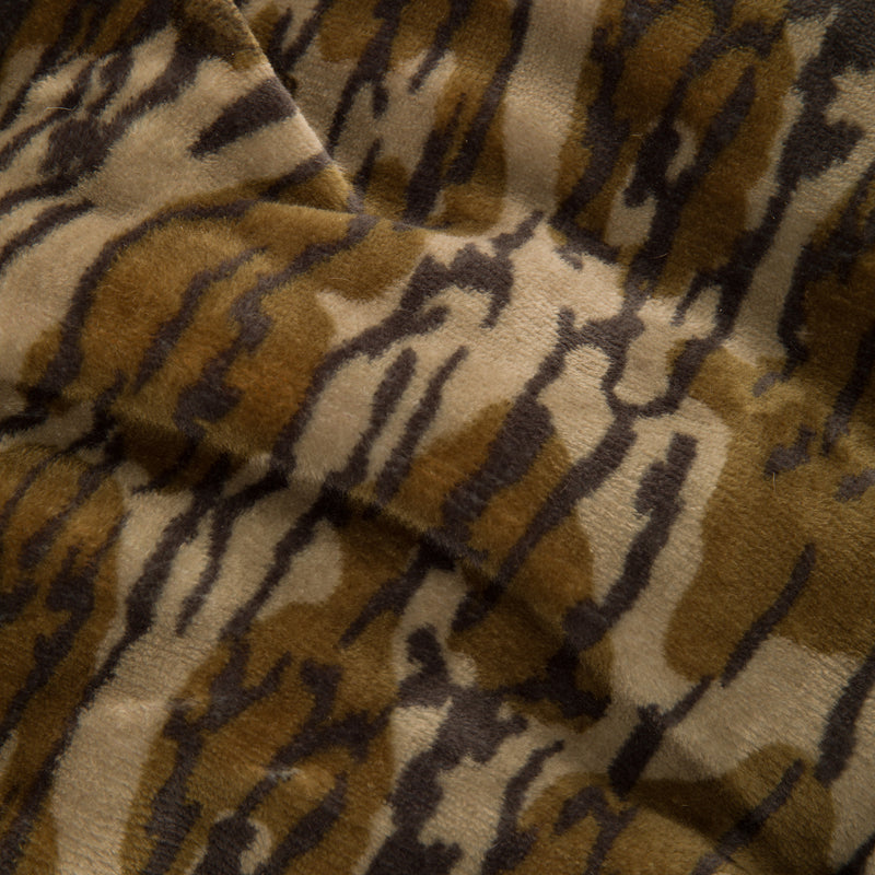 Camo Fleece Blanket in tiger-stripe pattern, featuring silky polyester and cozy Sherpa fleece lining, ideal for warmth and comfort.