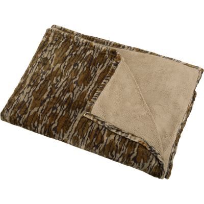 Camo Fleece Blanket featuring a brown-and-gray pattern on one side and tan sherpa fleece on the reverse, offering lightweight warmth.