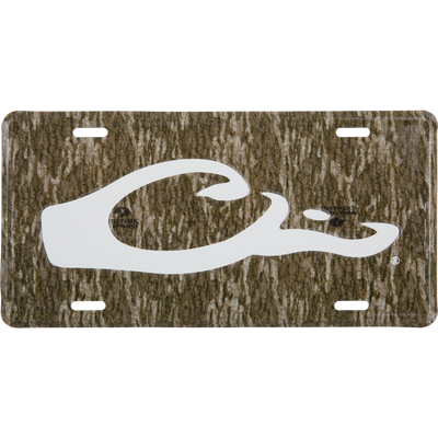 Drake Logo License Plate featuring a woodland camouflage pattern with a prominent white Mossy Oak leaf/acorn logo, designed for vehicle mounting.