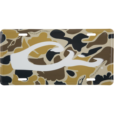 Drake Logo License Plate featuring an old school camouflage pattern with a white C and OLD SCHOOL CAMO™ text, representing Drake Waterfowl's hunting heritage.