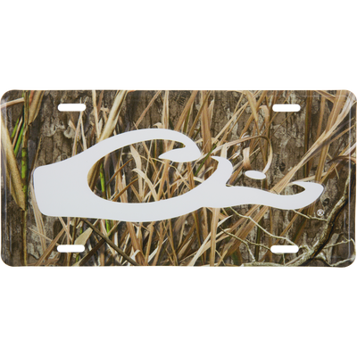 Drake Logo License Plate featuring a woodland camouflage background with a prominent white Drake duck head logo, crafted from stamped aluminum for hunting enthusiasts.