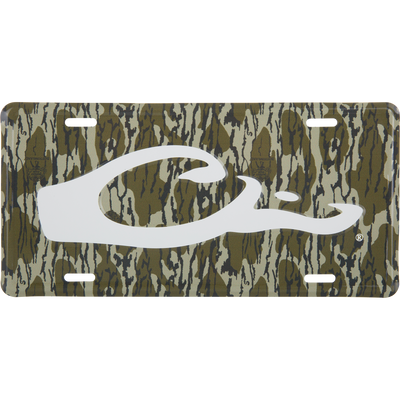 Drake Logo License Plate featuring a woodland camouflage pattern with a prominent white fish hook C logo, crafted from stamped aluminum.