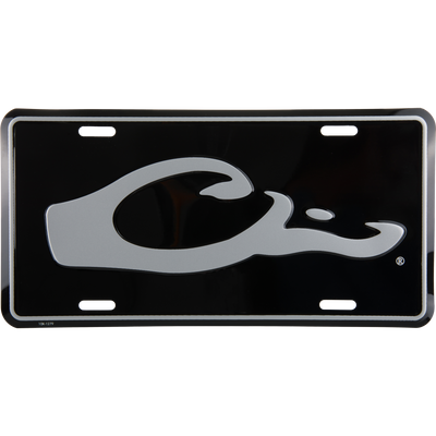 Drake Logo License Plate featuring a black metal background, thin silver border, and a stylized silver C R emblem, ideal for hunting enthusiasts.