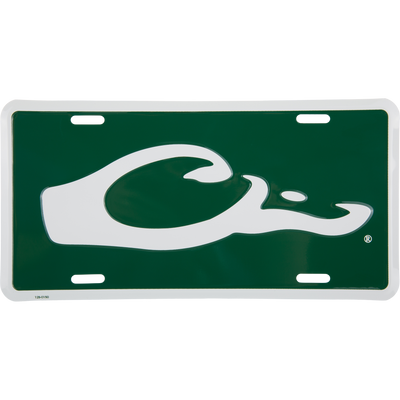 Drake Logo License Plate featuring a stylized white swoosh on a dark green background, crafted from stamped aluminum, ideal for hunting enthusiasts.