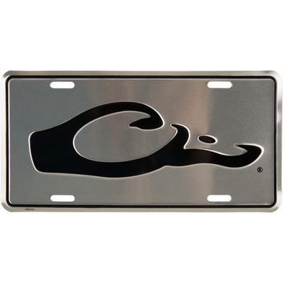 Drake Logo License Plate featuring a stylized oil script and Drake duck head logo on brushed-stainless aluminum, designed for vehicle mounting.