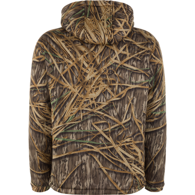 Back view of a Slacker Wader Pocket Hoodie in a brown and green camouflage pattern.