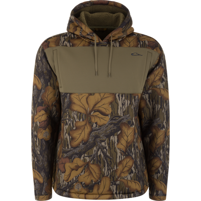 Slacker Wader Pocket Hoodie in Mossy Oak Fall Foliage camo-print polyester fleece with a solid olive green wader pocket panel across the upper chest.