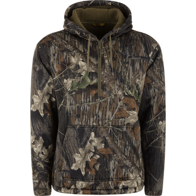 The Waterfowl Slacker Quarter Zip Hoodie features the Mossy Oak Original Break Up camo pattern and is made from durable polyester fleece—perfect for outdoor or hunting use.
