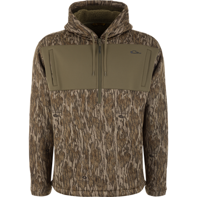 Slacker Quarter Zip Hoodie with High Handwarmer Pockets in Mossy Oak Bottomland camouflage featuring olive-green chest panels.