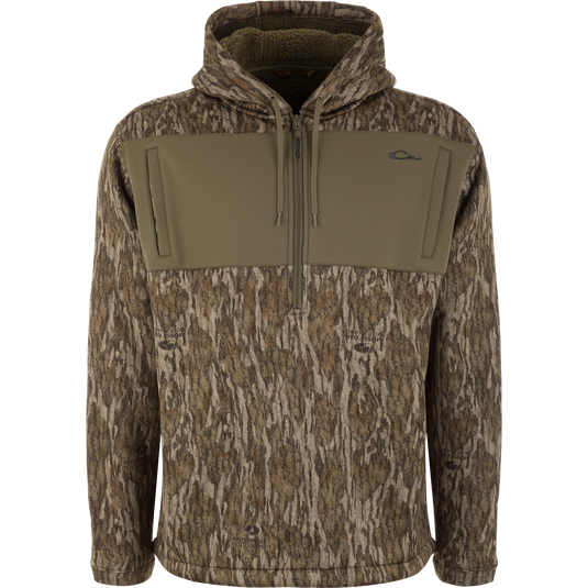 Slacker Quarter Zip Hoodie with High Handwarmer Pockets in Mossy Oak Bottomland camouflage featuring olive-green chest panels.