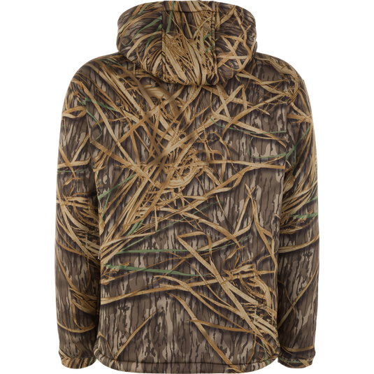 Back view of a Drake Waterfowl Slacker Quarter Zip Hoodie featuring a brown and green camouflage pattern of dried reeds and grasses.
