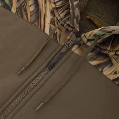 Olive green Slacker Quarter Zip Hoodie with High Handwarmer Pockets, featuring a hooded design with a camouflage print lining and adjustable drawstrings.